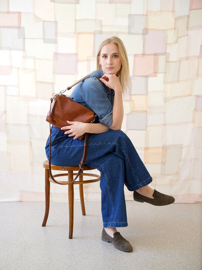 ROBIN Leather Handbag with Two Handles - Ginger Brown
