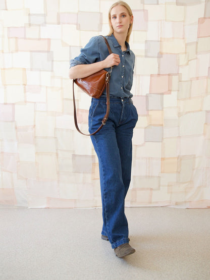 ROBIN Leather Handbag with Two Handles - Ginger Brown